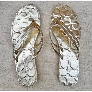 Coach Flip Flops Women's Size 7 Signature Pattern Silver with Logo on Y Strap